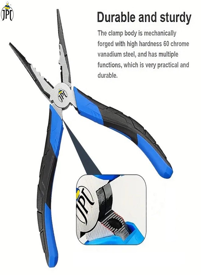 JPT كماشة عزل JPT ذات أنف طويل 8 بوصات لأسلاك التيار المتردد والقطع والإمساك - قوة عالية، مقاومة للصدمات، مقبض مريح، أسود وأزرق - Image 3